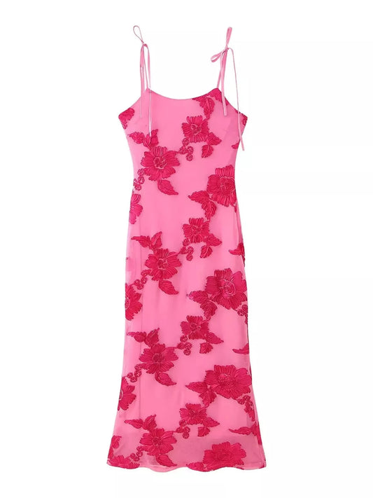 Floral Embroidered Tie-Shoulder Maxi Dress