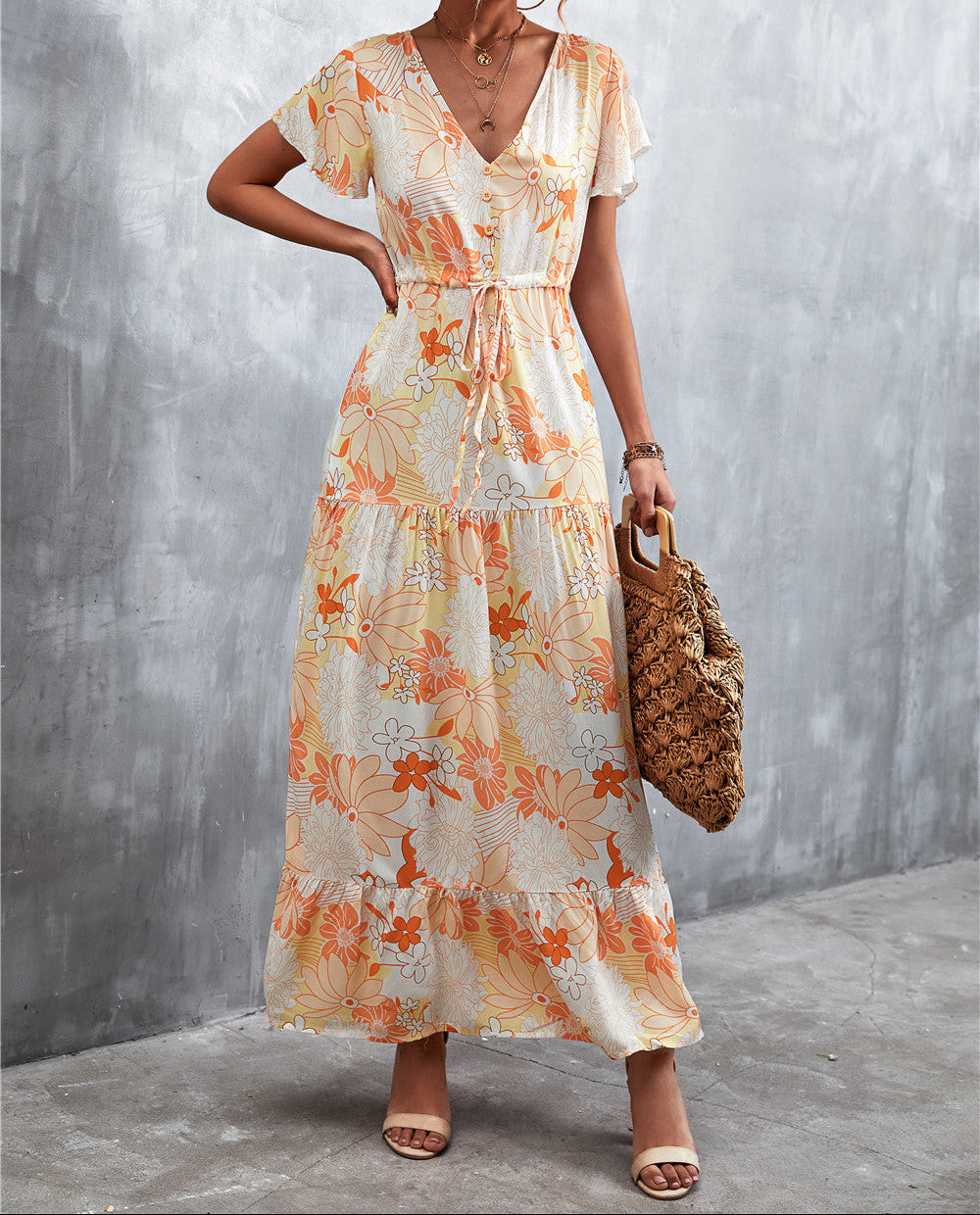 Floral Flutter Sleeve Tiered Maxi Dress
