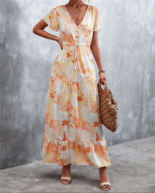 Floral Flutter Sleeve Tiered Maxi Dress