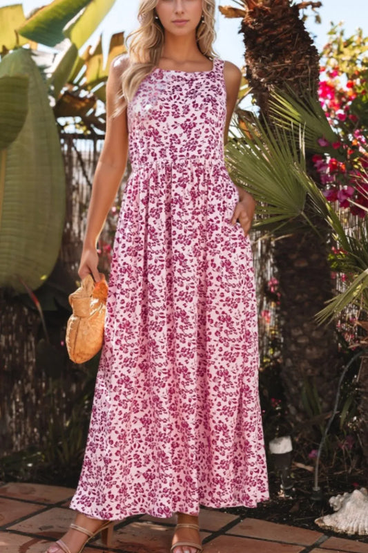 Floral Maxi Dress with Cutout Back and Square Neck - Women's Summer Dress pink