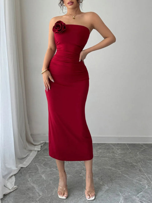 Floral Midi Dress Women - Elegant Tube Dress with Slit Back for Formal Events red