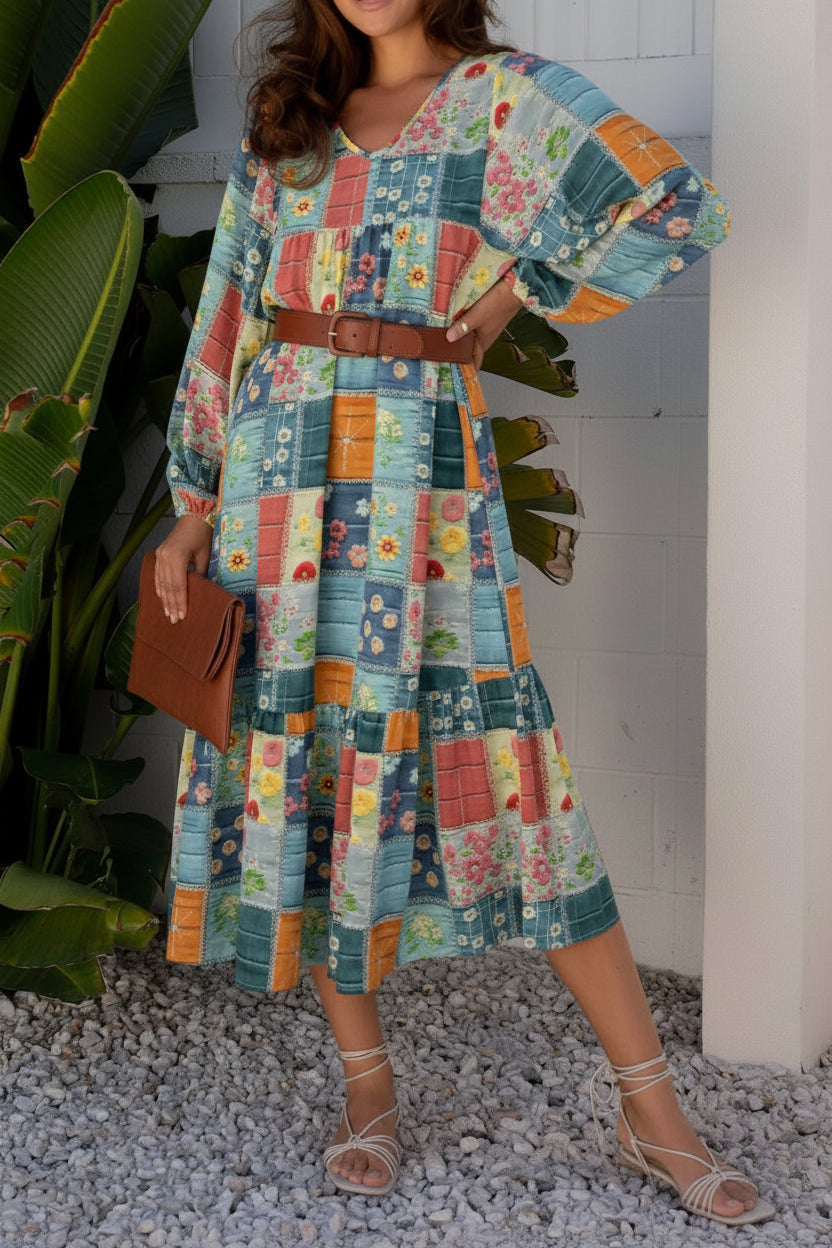 Floral Midi Dress with Pockets -Floral Long Sleeve Midi Dress