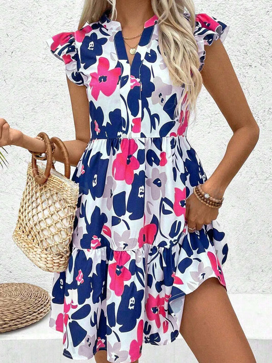 Floral Notched Collar Flutter Sleeve Mini Dress