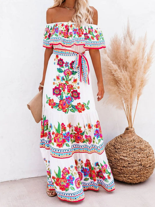 Floral Off Shoulder Ruffle Maxi Dress white