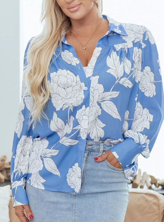 Floral Print Button-Up Shirt-Blue