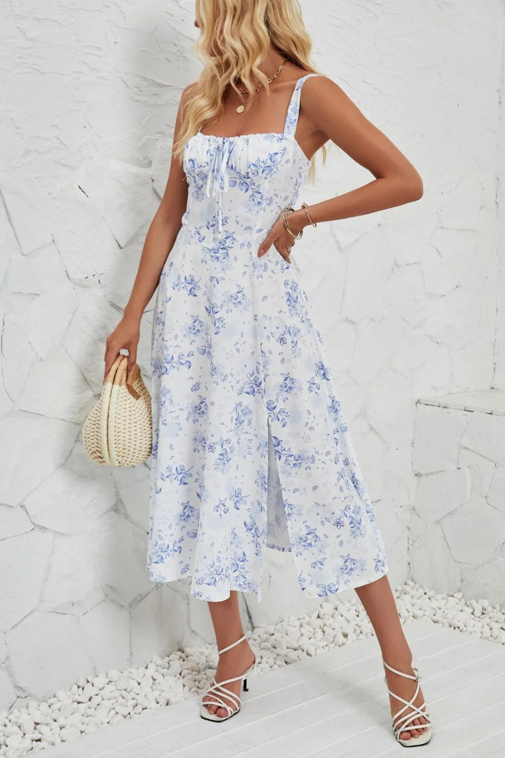 Floral Print Cami Dress - Side Slit Summer Dress for Women blue