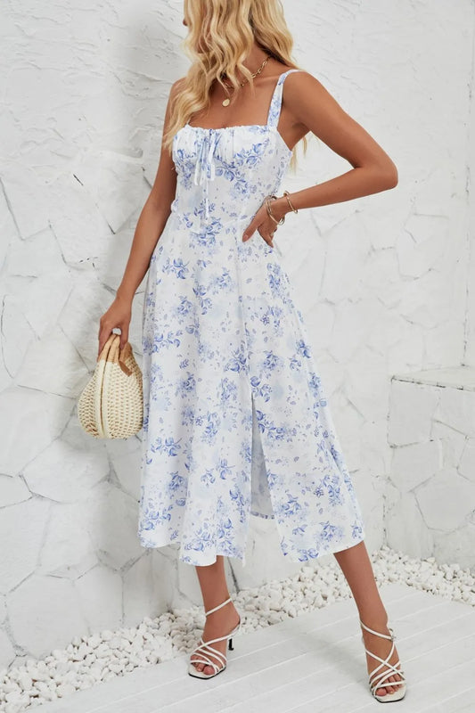 Floral Print Cami Dress - Side Slit Summer Dress for Women blue