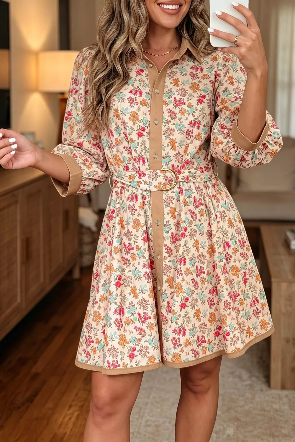 Floral Print Colour Block Belted Mini Dress