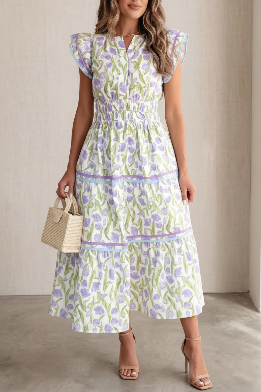 Floral Print Contrast Trim Midi Dress