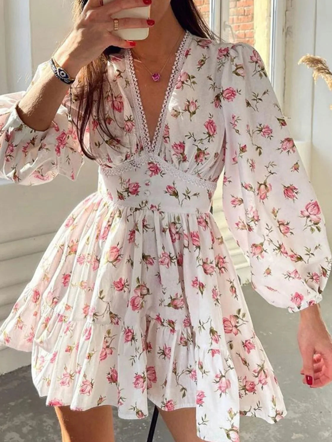 Floral Print Deep V-Neck Balloon Sleeve Mini Dress Blush Pink
