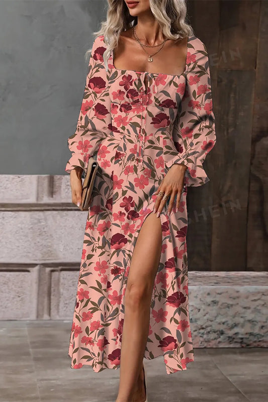 Floral Print Flounce Sleeve Midi Dress dusty pink