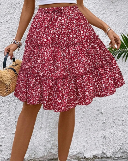 Floral Print Frill Tiered Skirt Red