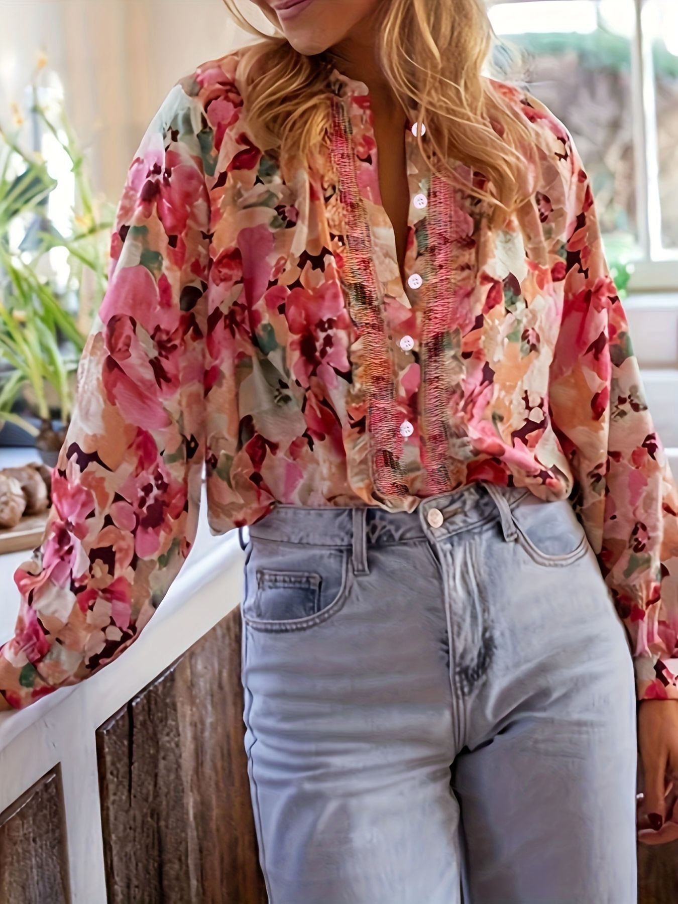 Floral Print Frill Trim Shirt
