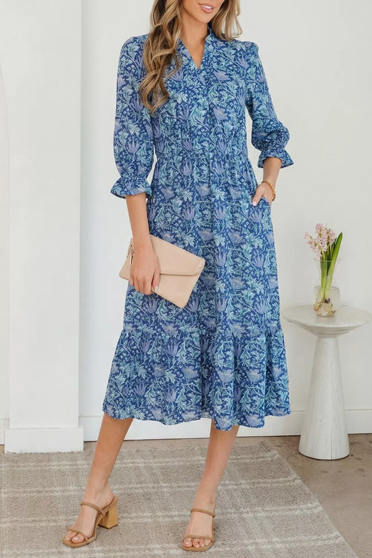 Floral Print Frill V-Neck Midi Dress with Pockets-Dusty Blue