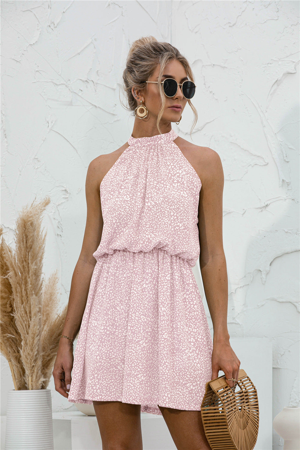 Floral Print Grecian Neck Mini Dress Blush Pink