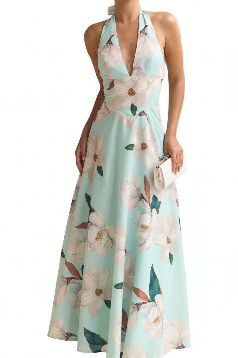 Floral Print Halter Neck Maxi Dress