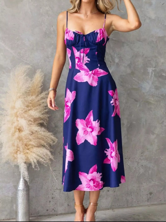 Floral Print Lace-up Cami Midi Dress