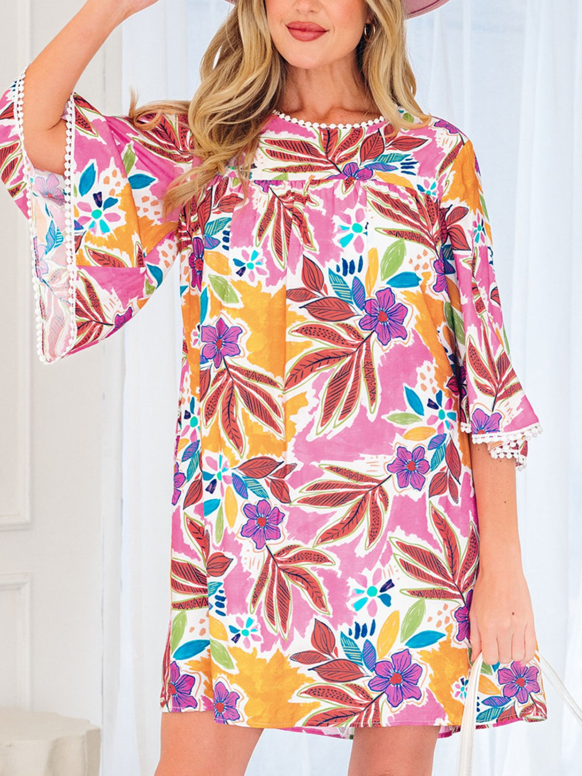 Floral Print Lace Trimmed Bell Sleeve Mini Dress