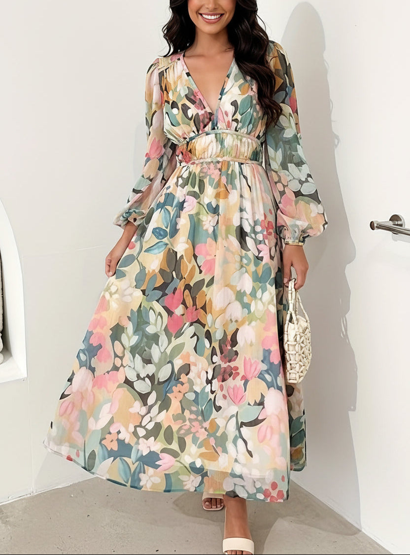 Floral Print Long Sleeve Midi Dress