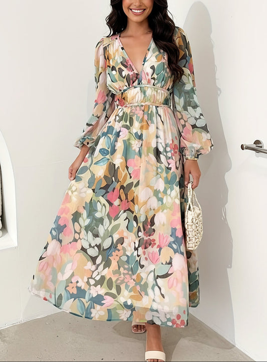 Floral Print Long Sleeve Midi Dress