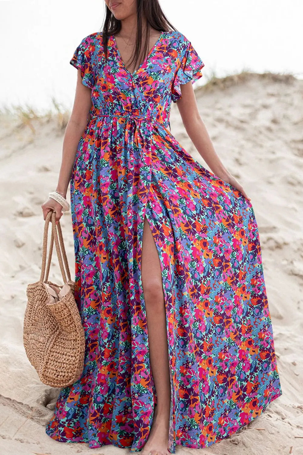 Floral Print Maxi Dress with Cap Sleeves - Elegant Summer Dress