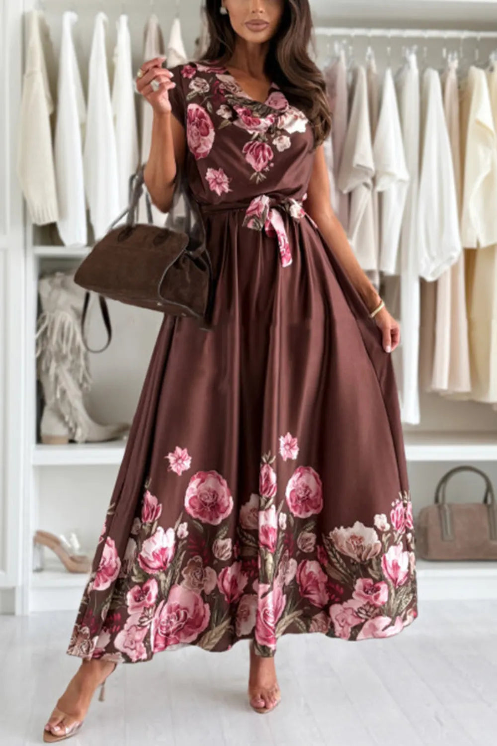Floral Print Maxi Dress with Cap Sleeves & Tie Waist Belt