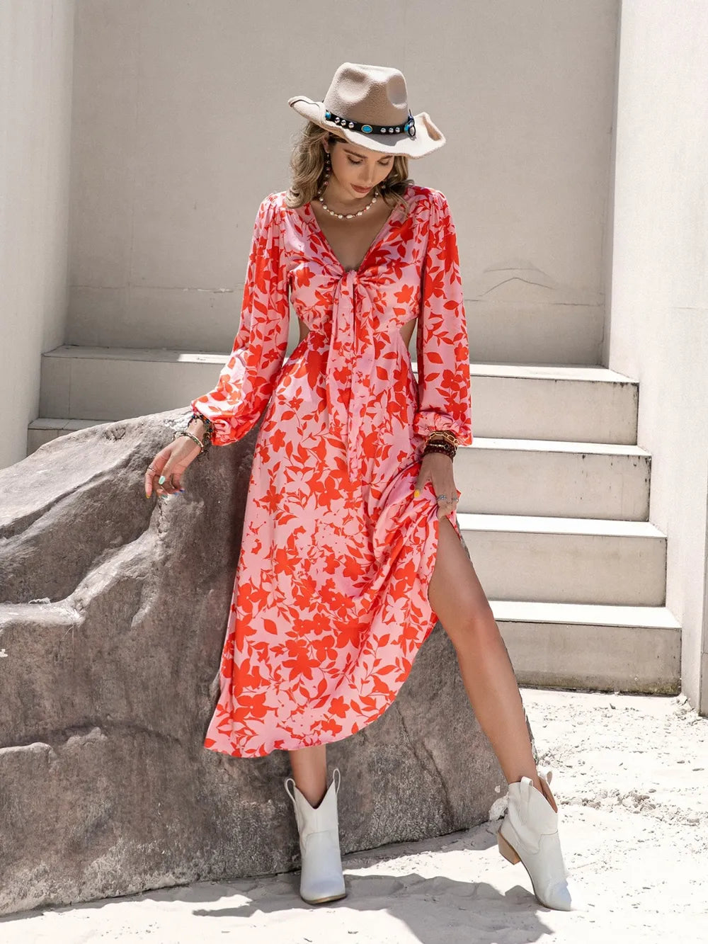 Floral Print Midi Dress Long Sleeve - Cutout Tie Detail Women's Dress