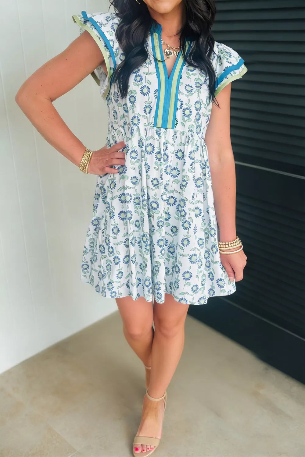 Floral Print Mini Dress with Pockets Pastel Blue