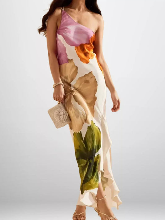 Floral print one-shoulder maxi dress by Marigold Collections Australia, elegant evening dress with vibrant floral pattern.