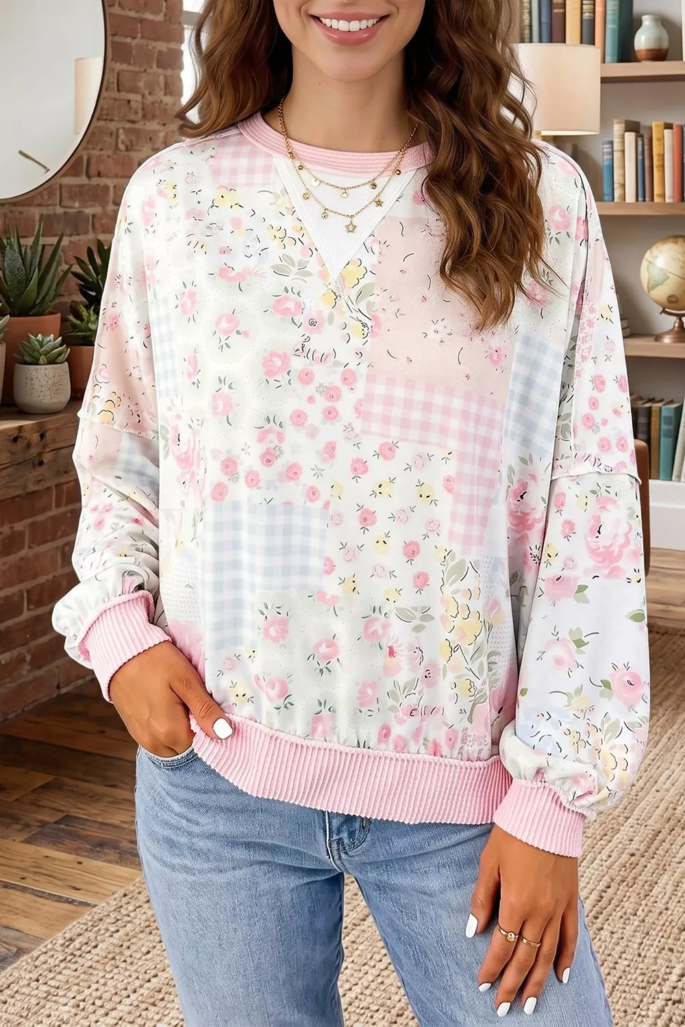 Floral Print Patchwork Long Sleeve Top