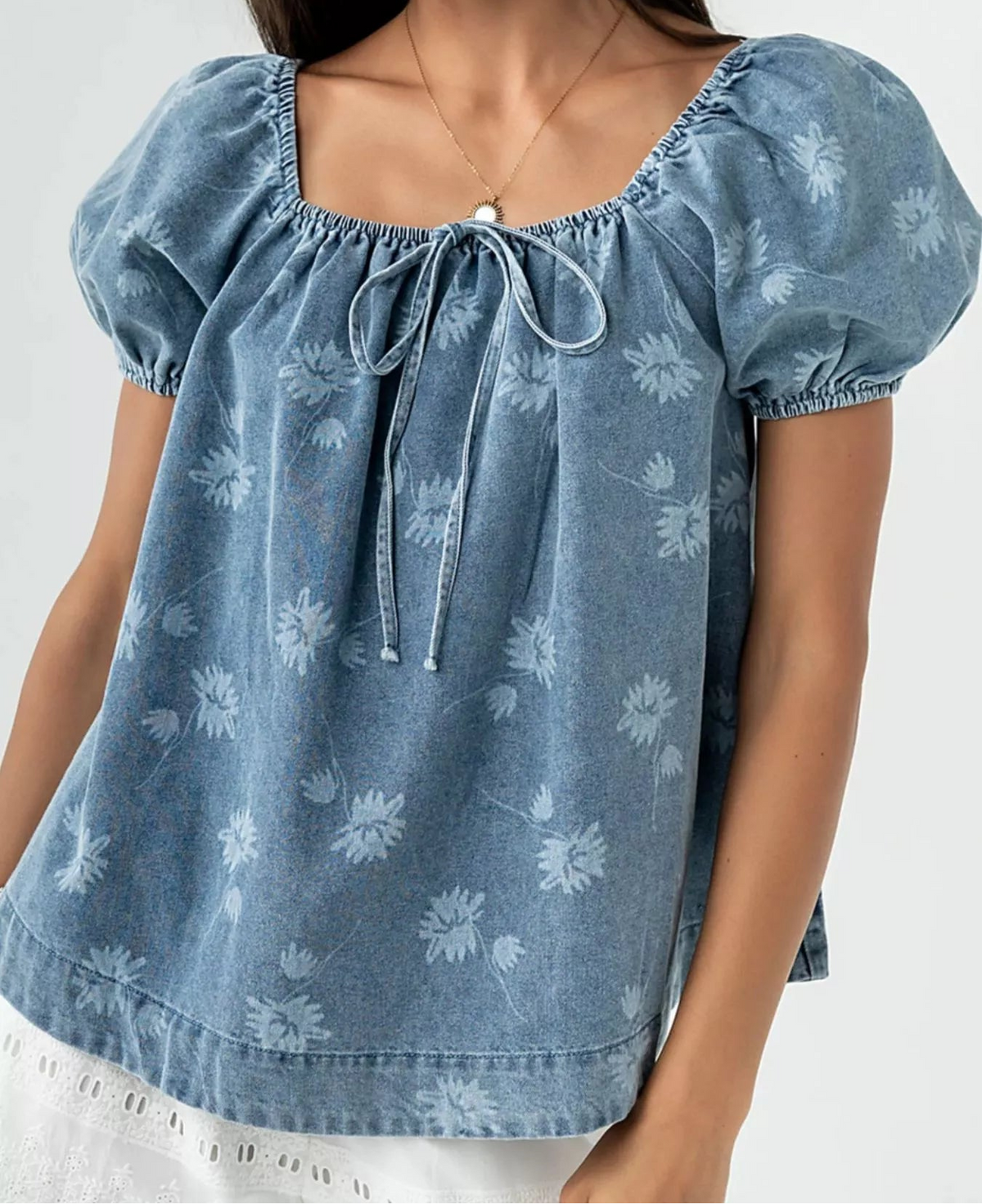 Floral Print Puff Sleeve Denim Top