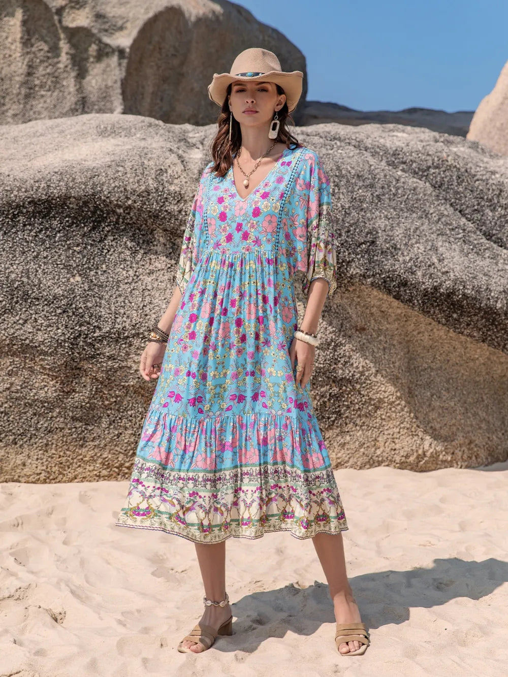 Floral Print Puff Sleeve Midi Dress
