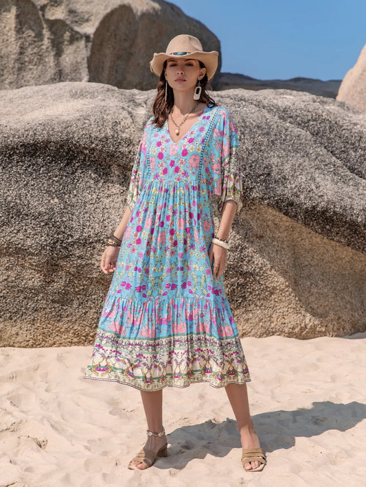 Floral Print Puff Sleeve Midi Dress