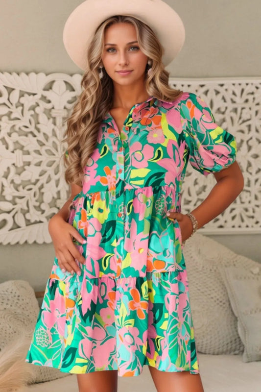 Floral Print Puff Sleeve Shirt Dress green