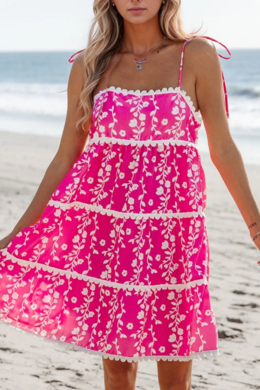 Floral Print Ric Rac Patched Sleeveless Mini Dress pink