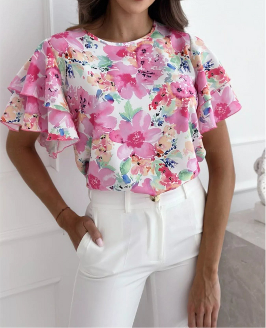 Floral Print Ruffle Sleeve Blouse Pink