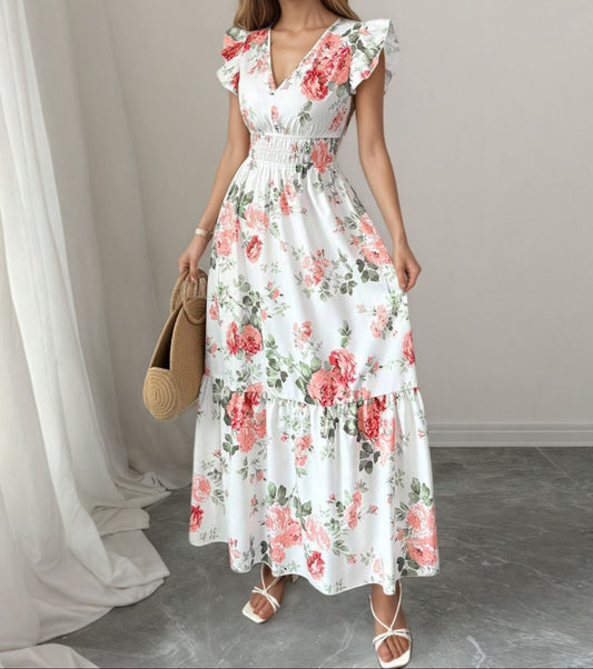 Floral Print Ruffle Sleeve Maxi Dress