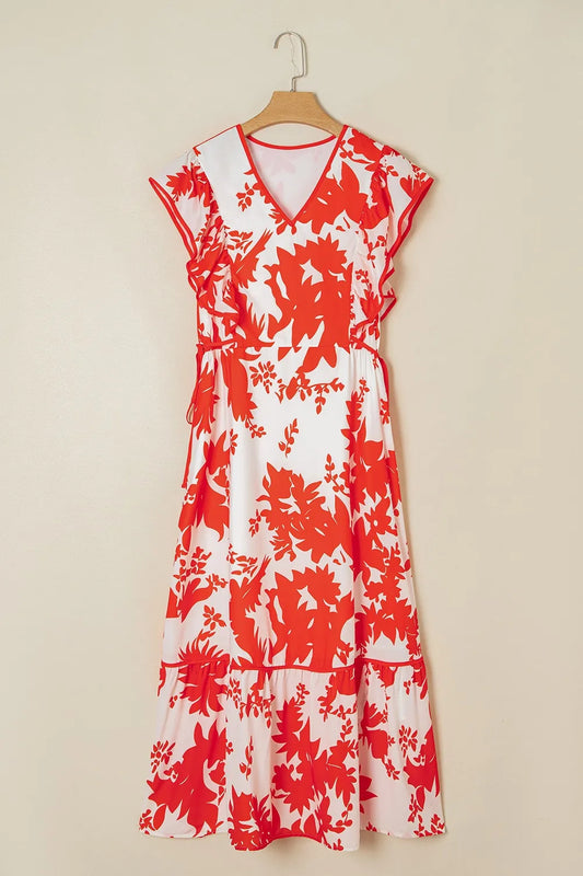 Floral Print Ruffle Sleeve Midi Dress Orange