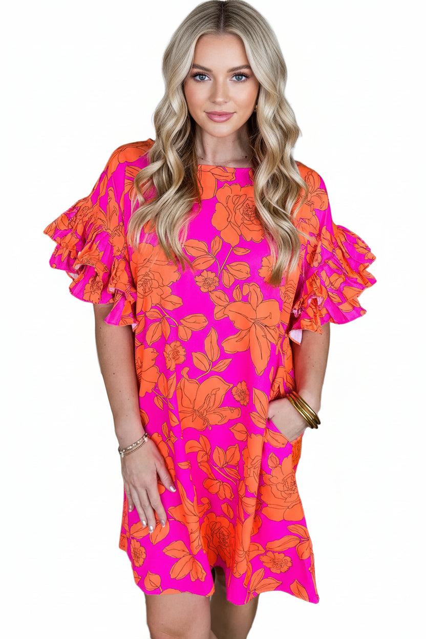 Floral Print Ruffle Sleeve Mini Dress