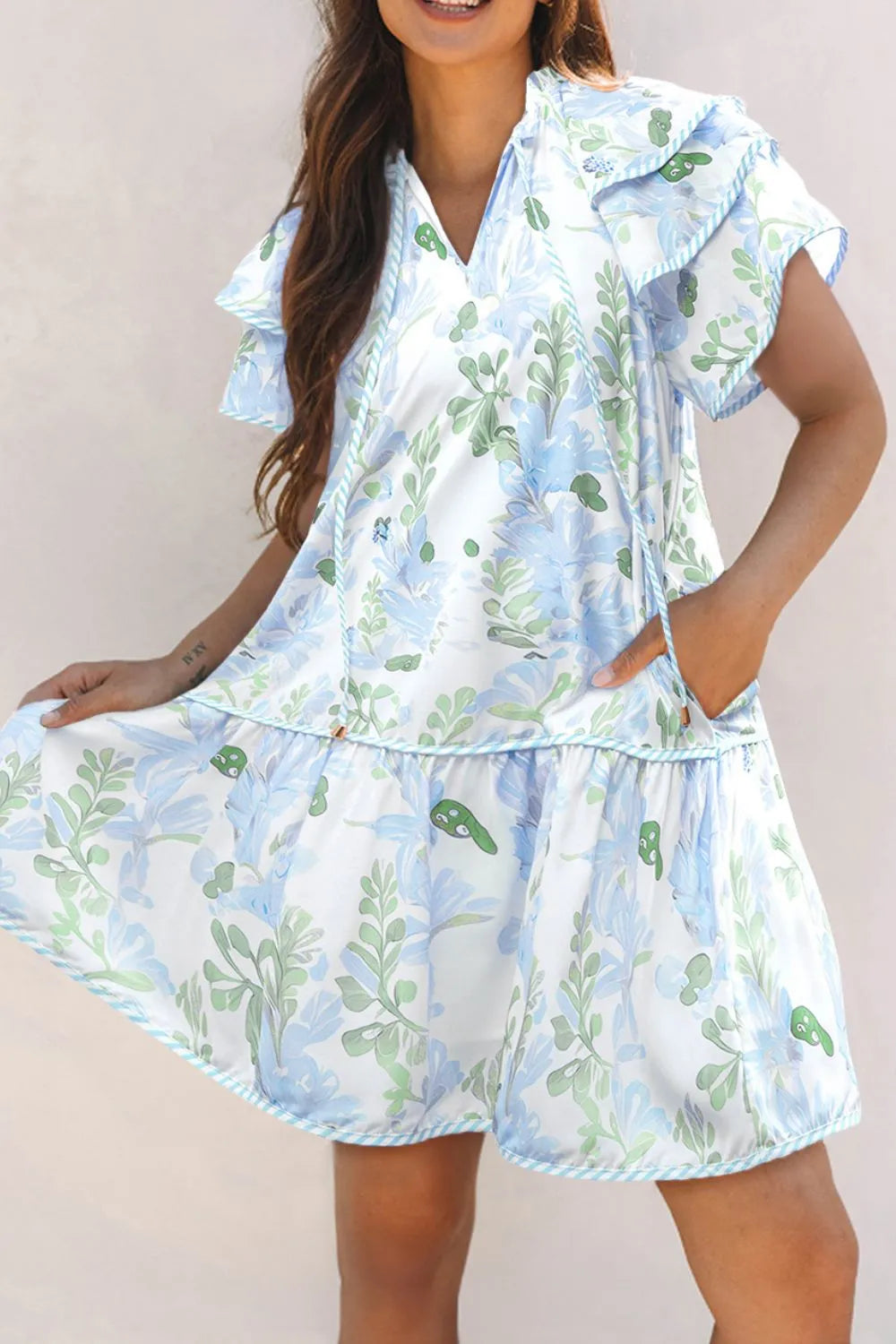 Floral Print Ruffle Sleeve Shift Dress blue