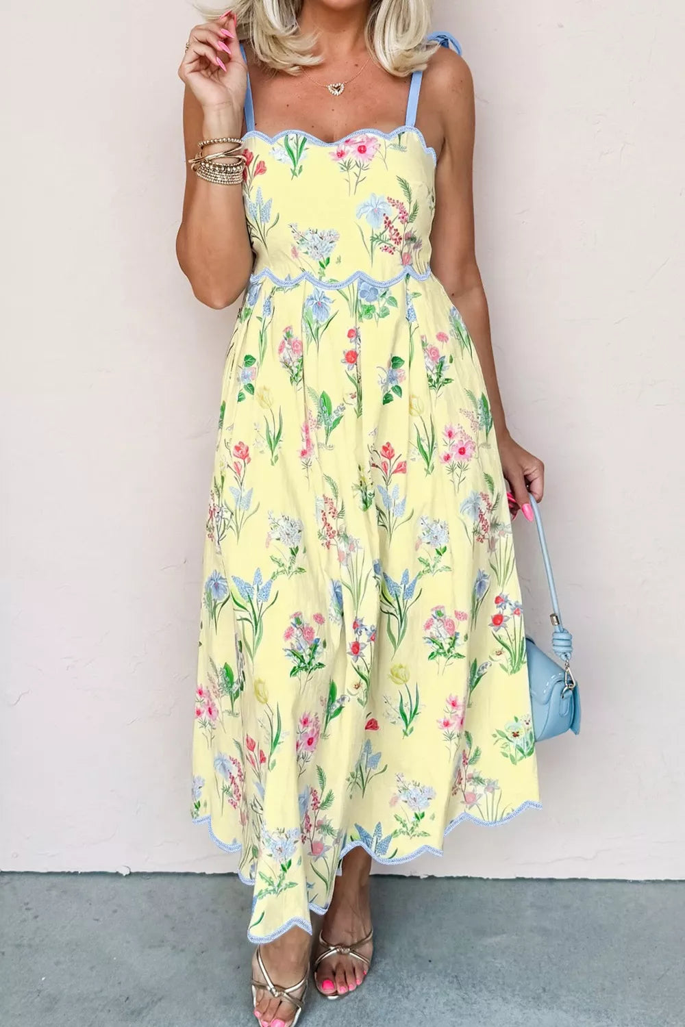 Floral Print Scallop Midi Dress in Yellow