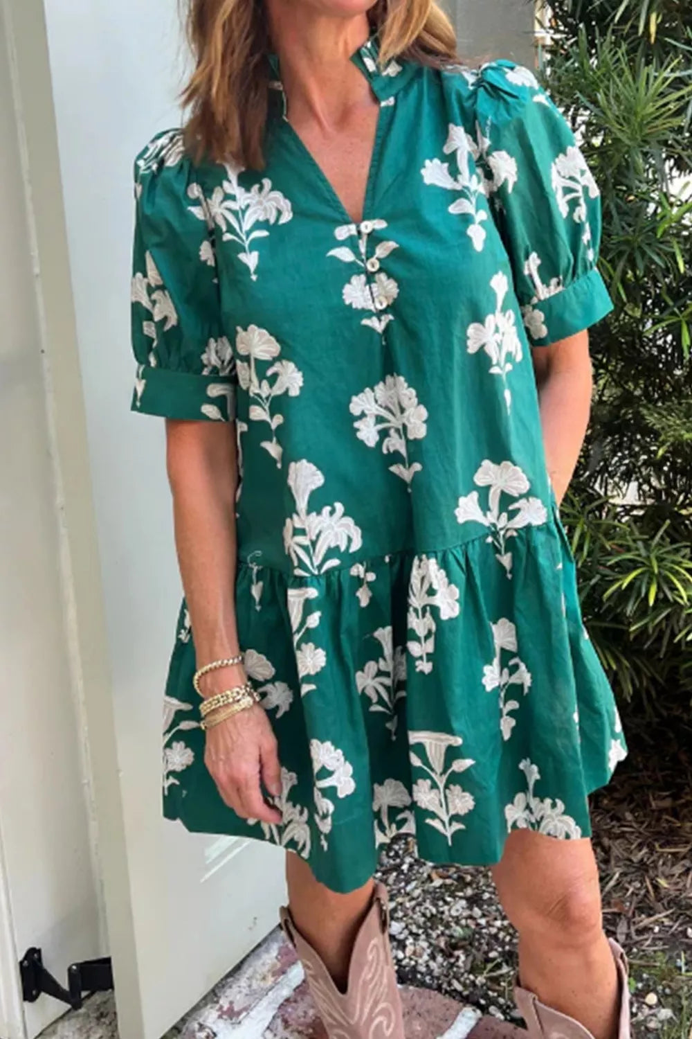 Floral Print Short Puff-Sleeve Mini Dress