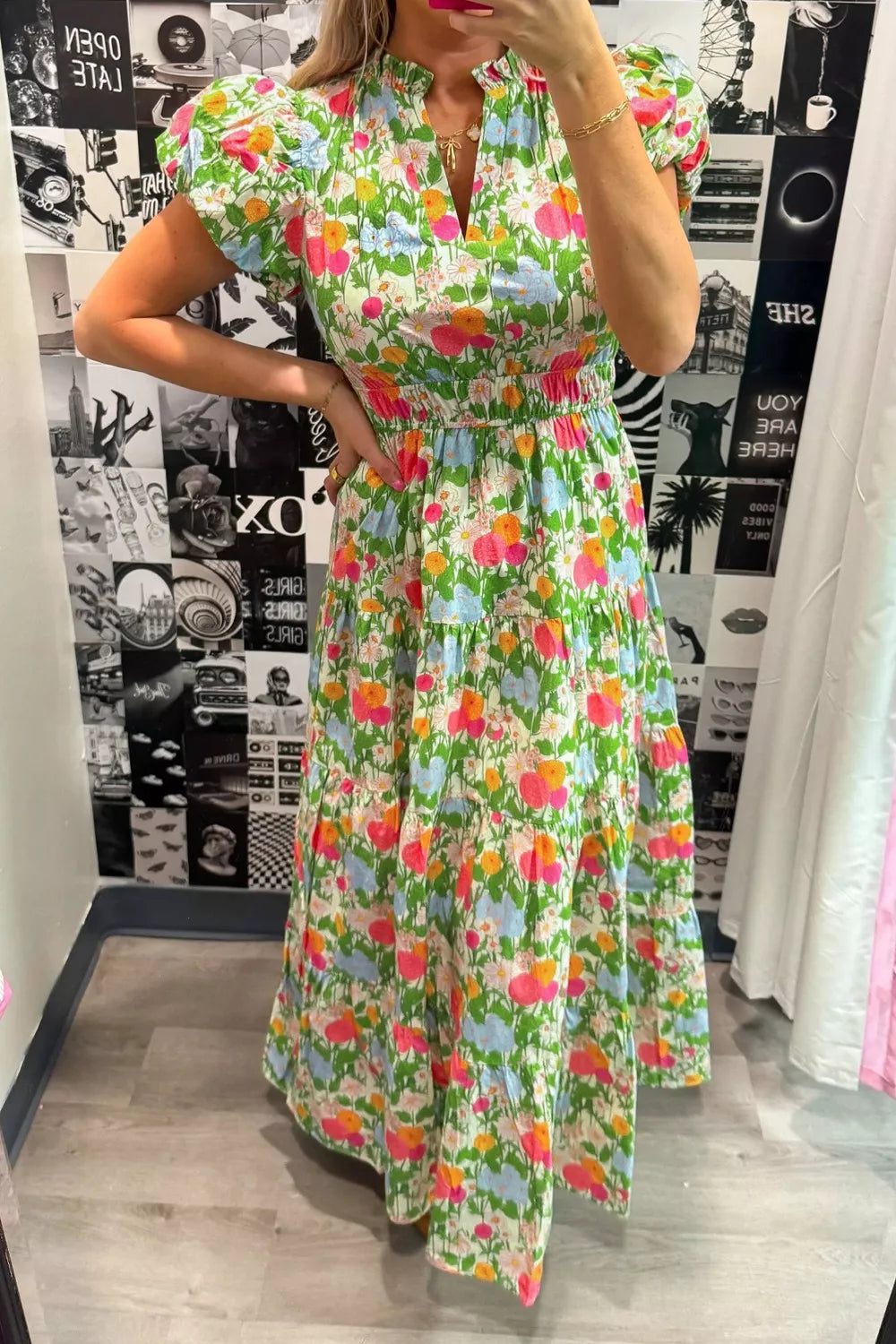 Floral Print Short Puff Sleeve Maxi Dress-Lime