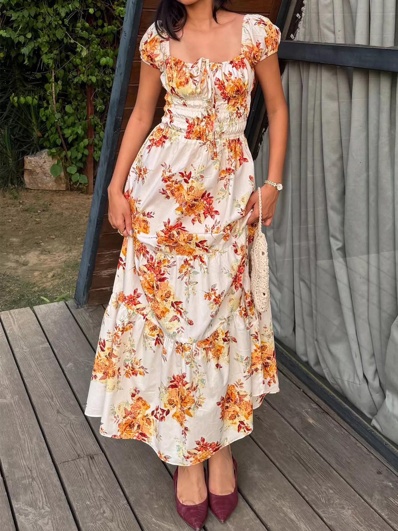 Floral Print Short Sleeve Maxi Dress