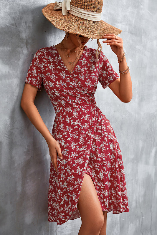 Floral Print Short Sleeve Wrap Dress Red