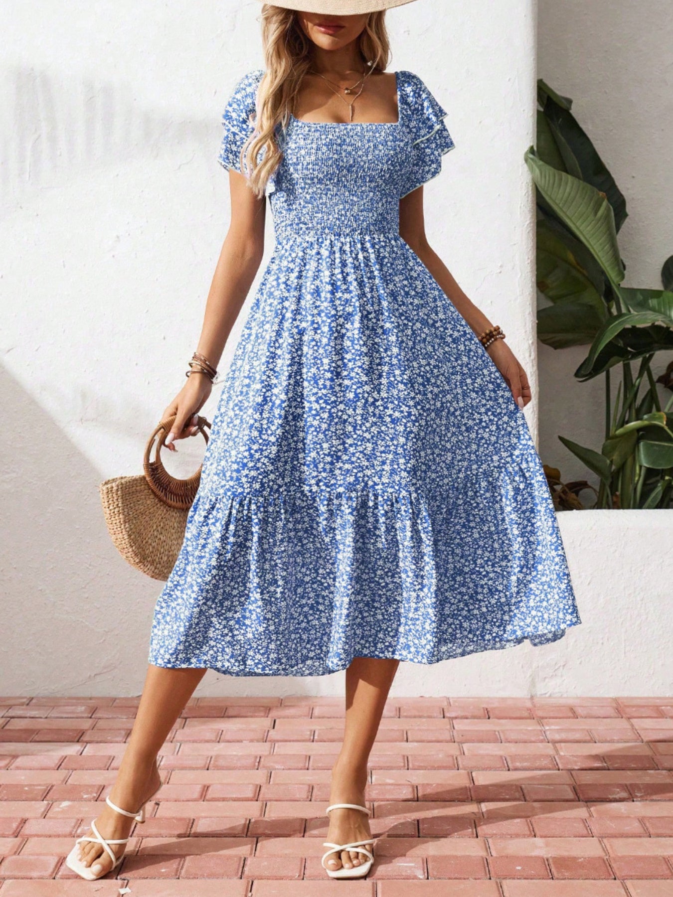 Floral Print Smocked Bodice Ruffle Sleeve Dress