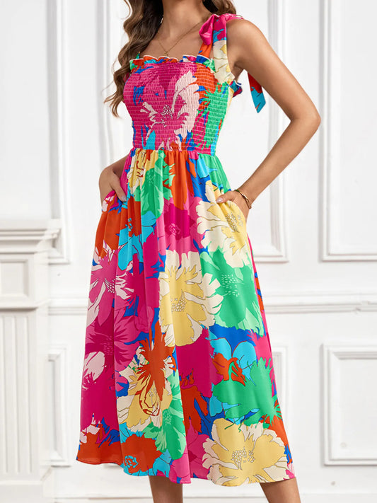 Floral Print Smocked Tie Shoulder Midi Dress