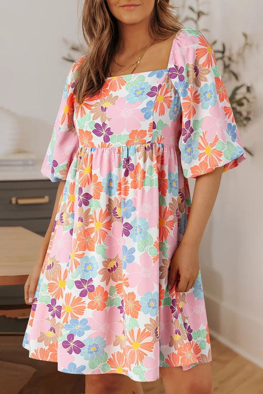 Floral Print Square Neck Mini Dress