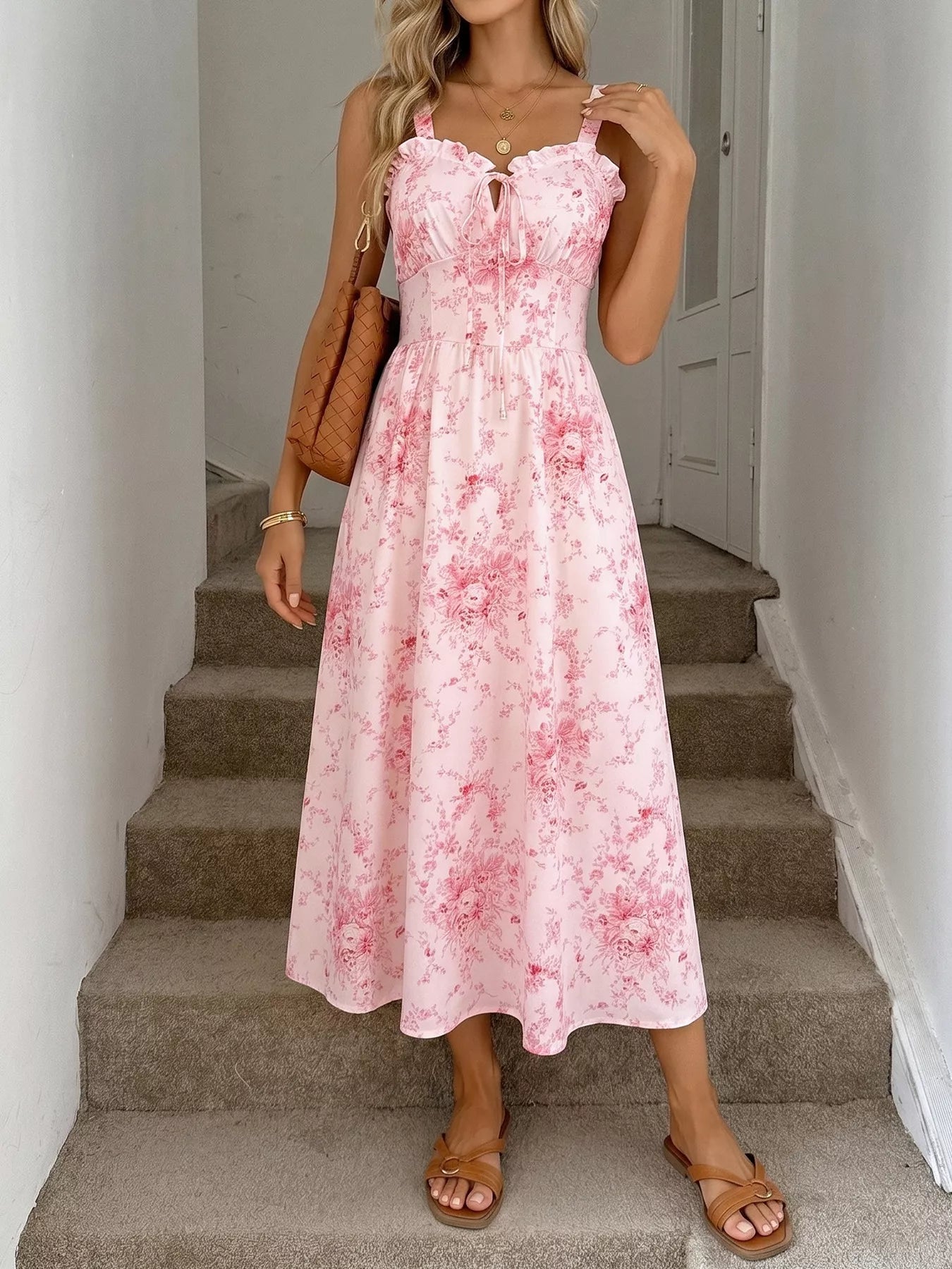 Floral Print Sweetheart Neck Midi Dress pink