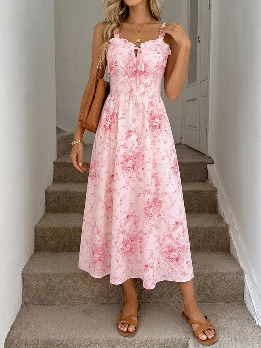 Floral Print Sweetheart Neck Midi Dress pink